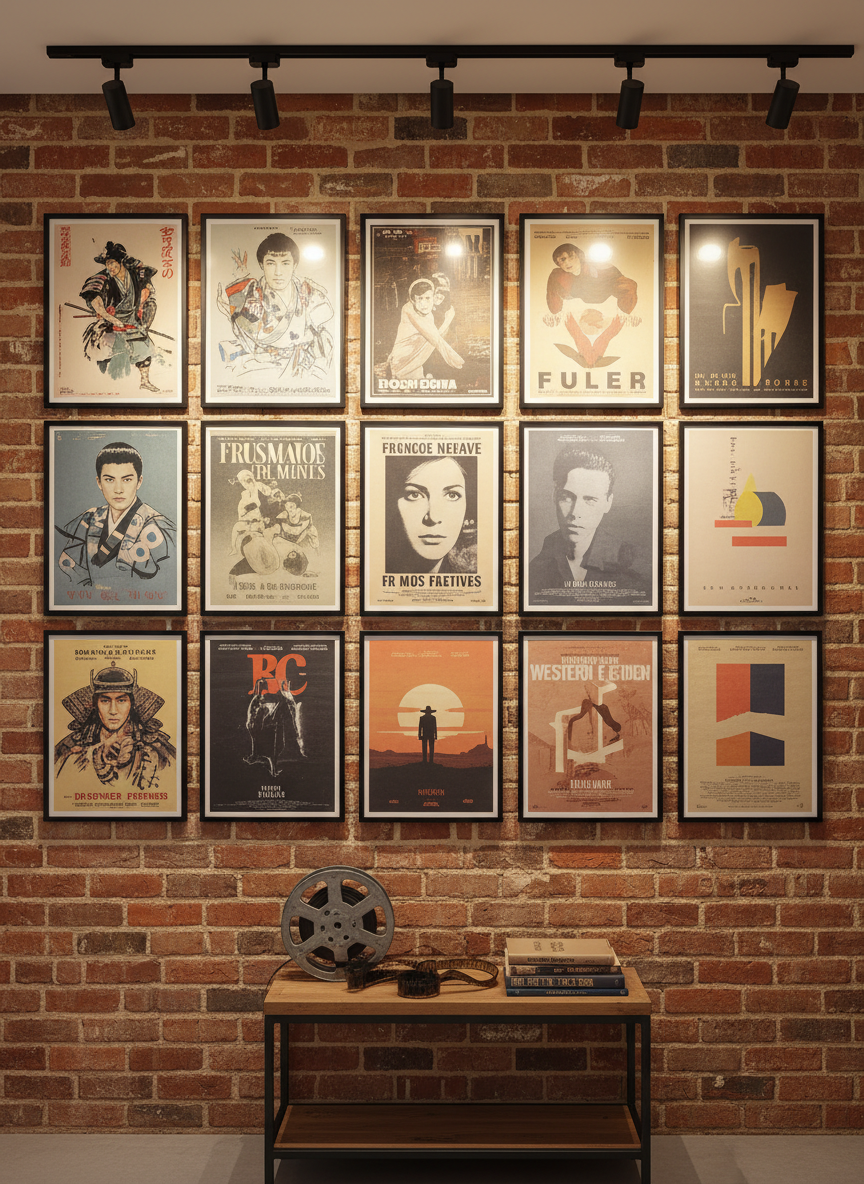 An expansive wall of curated film posters printed on slightly textured matte paper, featuring a diversity of world cinema, classic Westerns, and minimalist festival designs, all in photographic realism. The posters line an exposed brick wall in a university common room on the Western Edge, framed in slim black metal. Track lighting from the ceiling casts warm, directional beams that create subtle gradients and gentle shadows at the poster edges. A lone vintage film reel and a small stack of hardcover film theory books rest on a low steel-and-oak side table below. Shot from a wide, eye-level perspective with sharp focus throughout, the image feels cultured, inviting, and quietly vibrant, celebrating cinema’s global range.