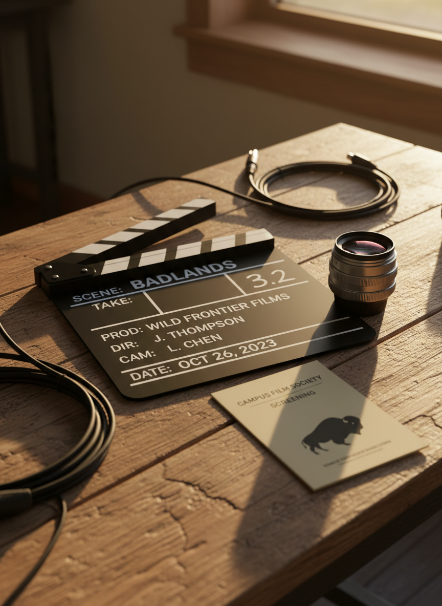 A close-up, photographic realism shot of an elegant film slate resting on a rugged, sun-bleached wooden table, its black surface crisply striped in white with neatly written chalk notes for scene and take. Around it lie neatly coiled audio cables, a polished prime lens with glass catching tiny flares, and a folded program for a campus film society screening printed on cream stock. Warm late-afternoon sunlight from a nearby window grazes the table, emphasizing grain and imperfections, while casting long, soft shadows that evoke the Badlands landscape. Captured from a low, oblique angle with a shallow depth of field, the mood is contemplative and sophisticated, suggesting the careful craft behind every film discussed.