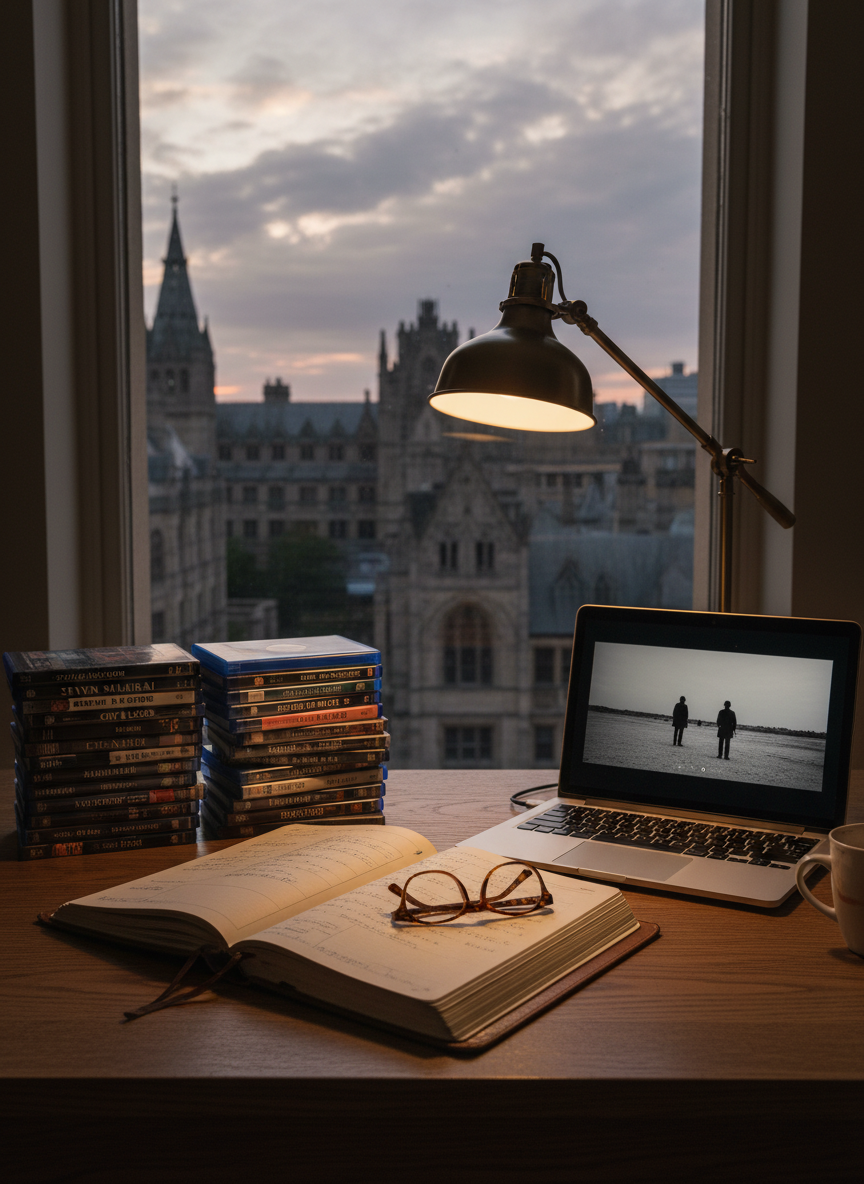 A meticulously arranged film study desk in photographic realism: a stack of well-worn Blu-ray cases with foreign and classic cinema titles, a leather-bound notebook open to handwritten scene analysis, and a sleek laptop paused on a black-and-white frame from an art-house film. The desk is dark-stained oak with a faint sheen, positioned near a tall window overlooking a dusky campus skyline. Soft, overcast evening light blends with the warm pool of an adjustable brass desk lamp, creating controlled highlights on pages and discs. Captured from a slightly elevated angle using the rule of thirds, the composition feels calm, intellectual, and sophisticated, evoking focused film appreciation and thoughtful study.