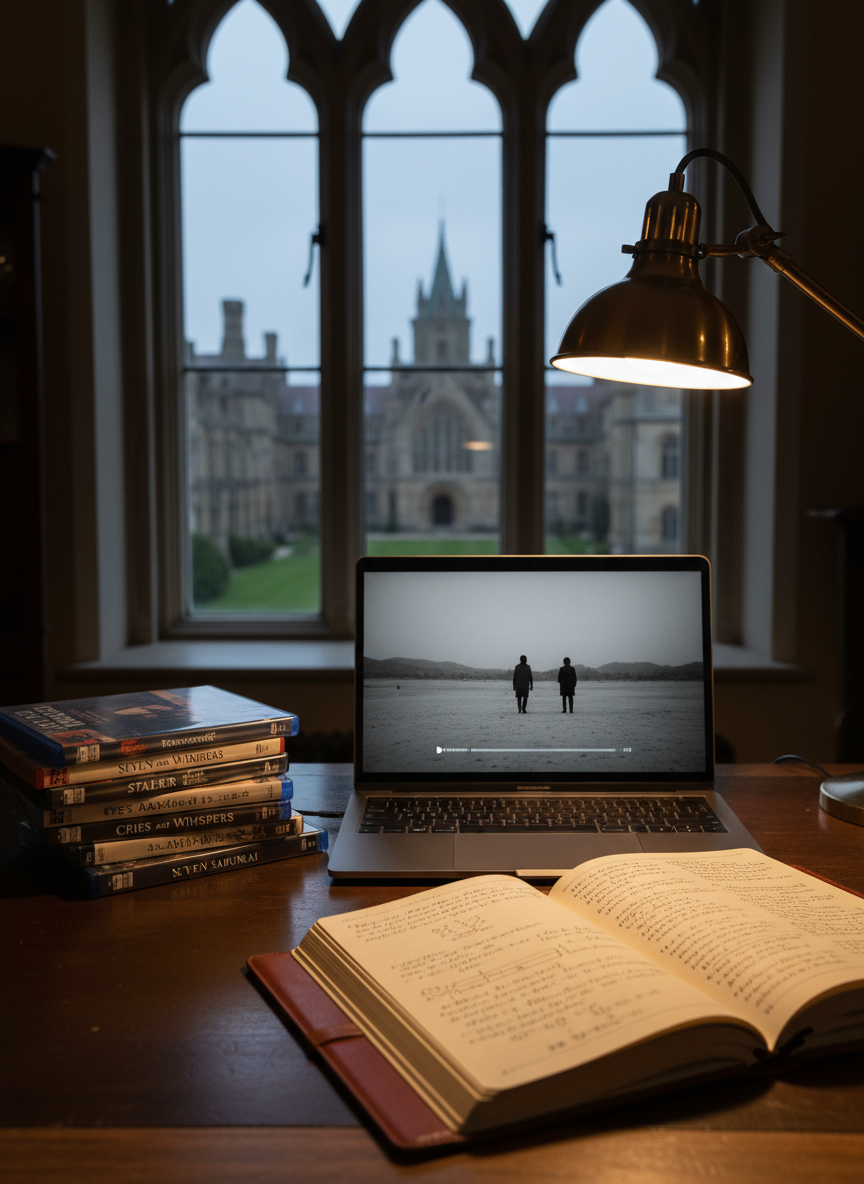 A meticulously arranged film study desk in photographic realism: a stack of well-worn Blu-ray cases with foreign and classic cinema titles, a leather-bound notebook open to handwritten scene analysis, and a sleek laptop paused on a black-and-white frame from an art-house film. The desk is dark-stained oak with a faint sheen, positioned near a tall window overlooking a dusky campus skyline. Soft, overcast evening light blends with the warm pool of an adjustable brass desk lamp, creating controlled highlights on pages and discs. Captured from a slightly elevated angle using the rule of thirds, the composition feels calm, intellectual, and sophisticated, evoking focused film appreciation and thoughtful study.