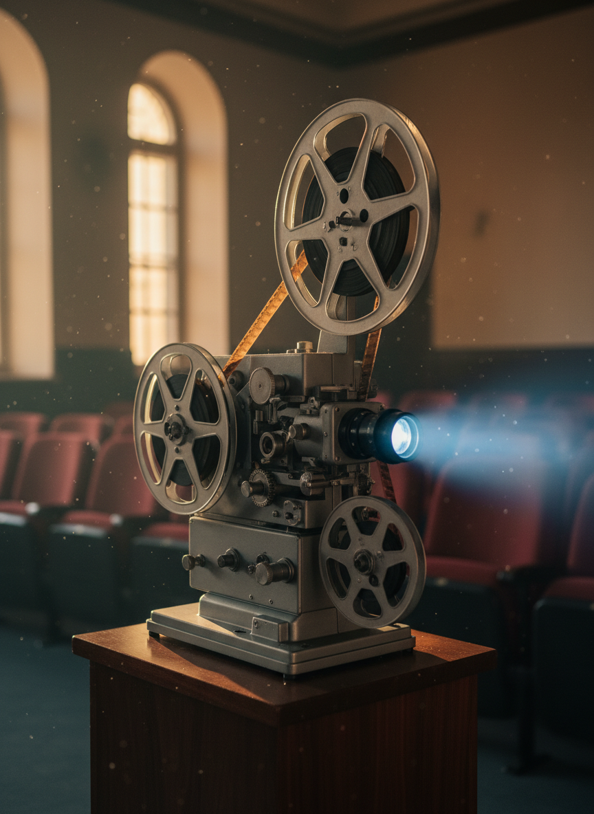 A classic 35mm film projector in photographic realism, its brushed metal housing slightly worn and matte, reels threaded with rich amber celluloid, every sprocket and gear crisply detailed. The projector sits on a dark walnut pedestal in a small campus screening room, facing an unseen screen. Golden hour light seeps through high windows, mixing with the cool cone of the projector’s own beam, casting intricate shadows on the textured walls. Dust motes shimmer in the light path. Shot at eye level with a shallow depth of field, the glowing lens is in razor-sharp focus while rows of empty upholstered seats fall into soft bokeh, creating a sophisticated, cinematic atmosphere of quiet anticipation.