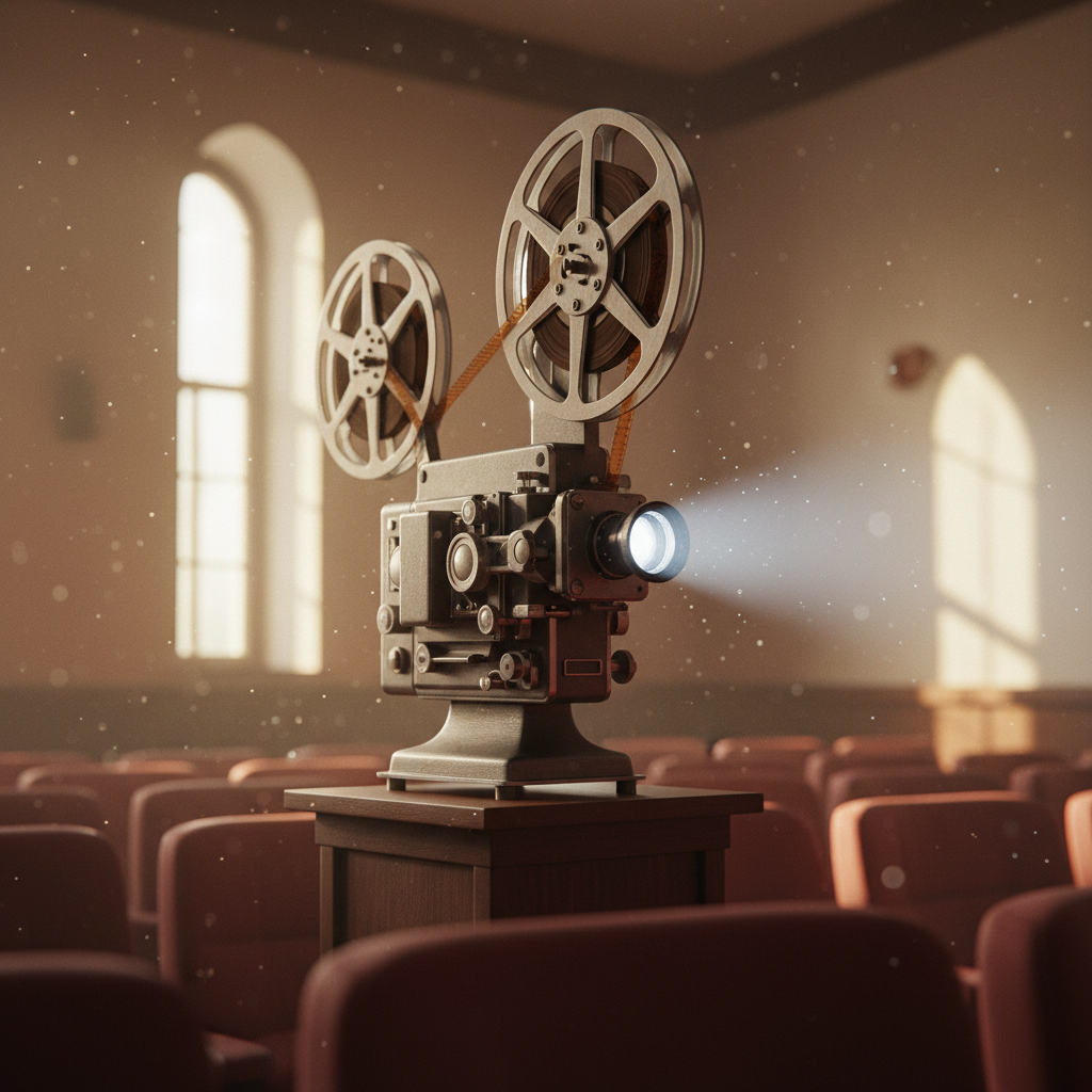 A classic 35mm film projector in photographic realism, its brushed metal housing slightly worn and matte, reels threaded with rich amber celluloid, every sprocket and gear crisply detailed. The projector sits on a dark walnut pedestal in a small campus screening room, facing an unseen screen. Golden hour light seeps through high windows, mixing with the cool cone of the projector’s own beam, casting intricate shadows on the textured walls. Dust motes shimmer in the light path. Shot at eye level with a shallow depth of field, the glowing lens is in razor-sharp focus while rows of empty upholstered seats fall into soft bokeh, creating a sophisticated, cinematic atmosphere of quiet anticipation.