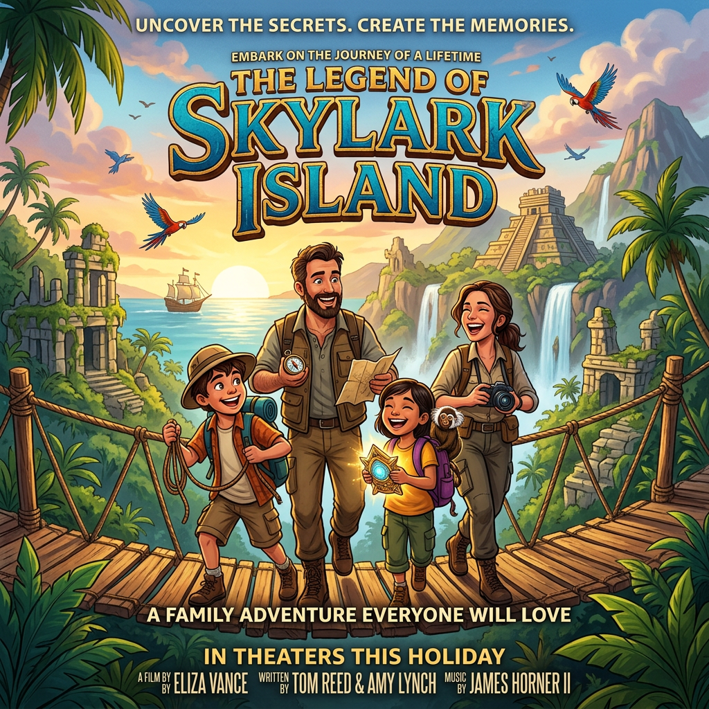 Animated family on a jungle rope bridge with waterfalls, ruins, and tropical birds