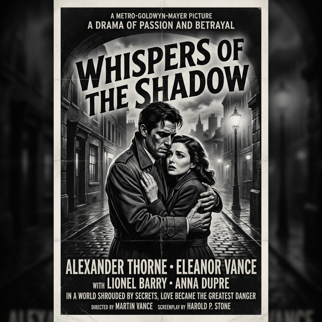 Black and white movie poster showing a man and woman embracing on a cobblestone street under a streetlamp