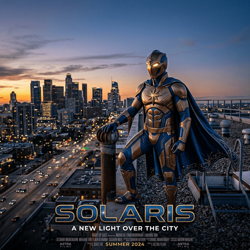 Superhero Solaris in futuristic armor with glowing eyes and cape on a rooftop overlooking a city at sunset