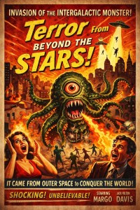 Giant one-eyed alien monster destroying city with flames and UFOs abducting people