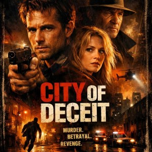 Three serious characters with gun, helicopter, police cars in city at night