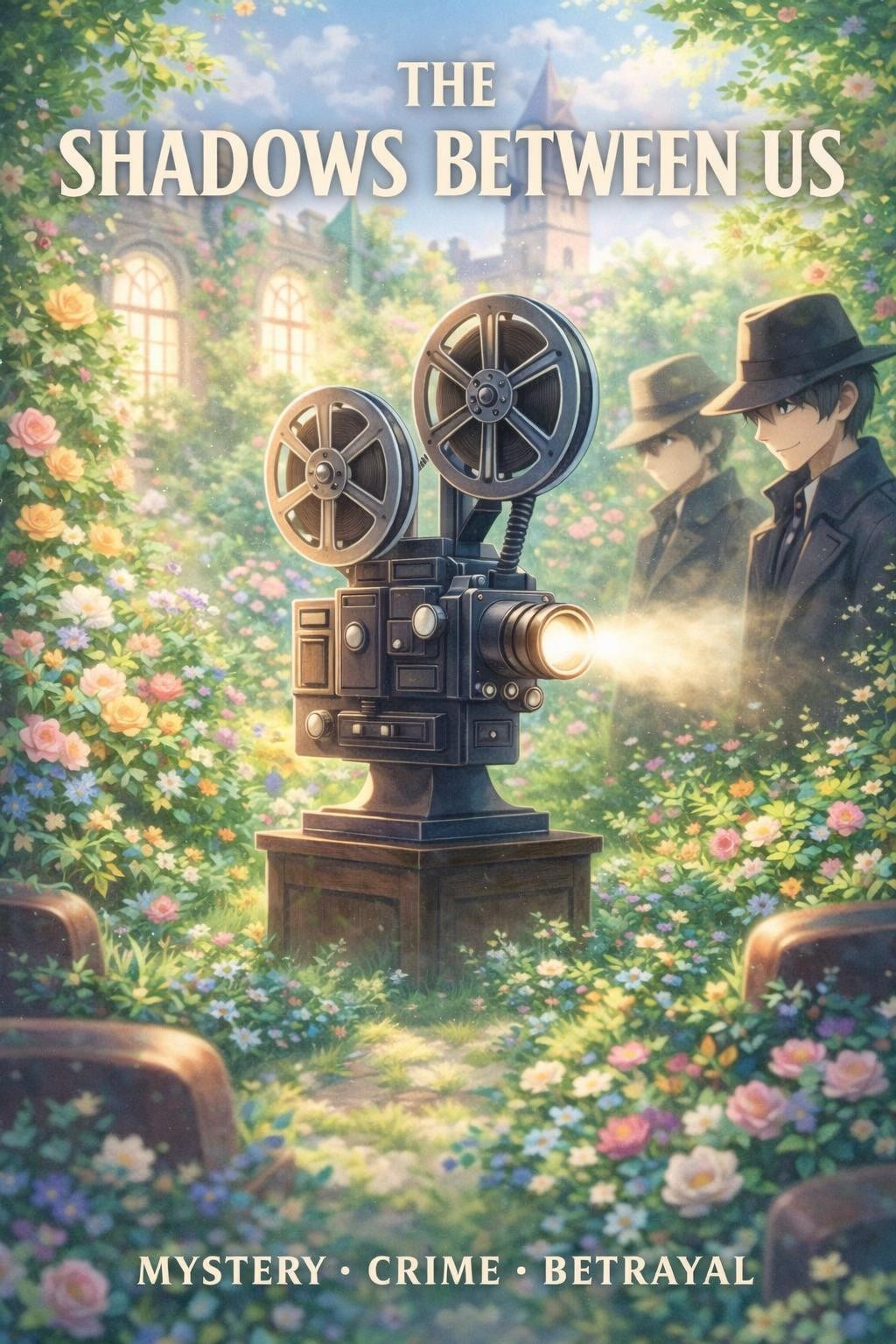 Vintage film projector casting light with two shadowy figures in hats behind