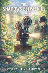 Vintage film projector casting light with two shadowy figures in hats behind