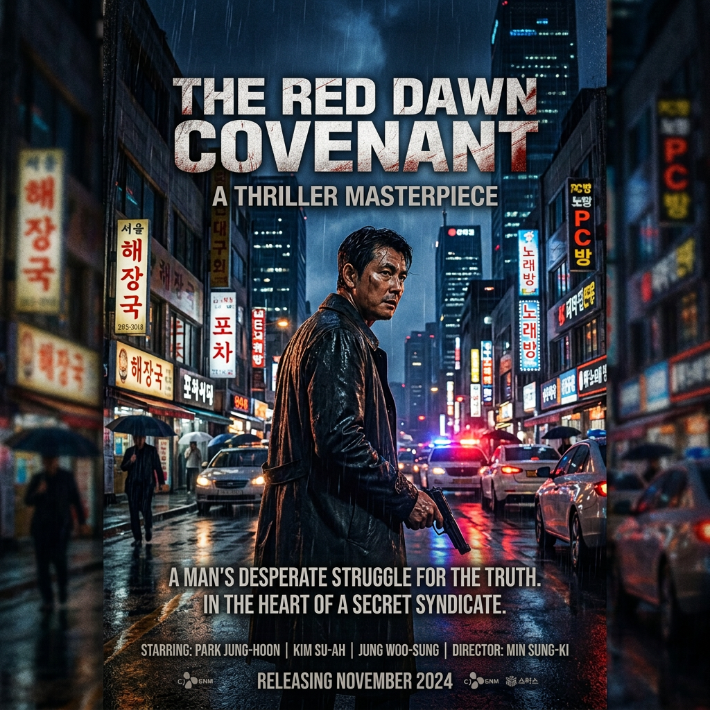 Film poster reading “THE RED DAWN COVENANT,” “A THRILLER MASTERPIECE,” “A MAN’S DESPERATE STRUGGLE FOR THE TRUTH. IN THE HEART OF A SECRET SYNDICATE.,” “STARRING: PARK JUNG-HOON | KIM SU-AH | JUNG WOO-SUNG | DIRECTOR: MIN SUNG-KI,” and “RELEASING NOVEMBER 2024,” featuring a man holding a handgun in rainy Seoul.
